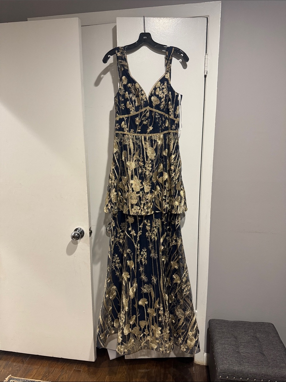 Black and Gold Embroidered Maxi Dress with Layered Skirt